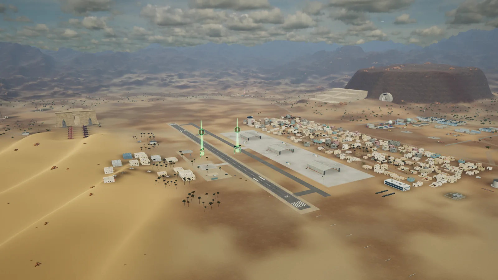The airfield, the factory and the town under the mesas