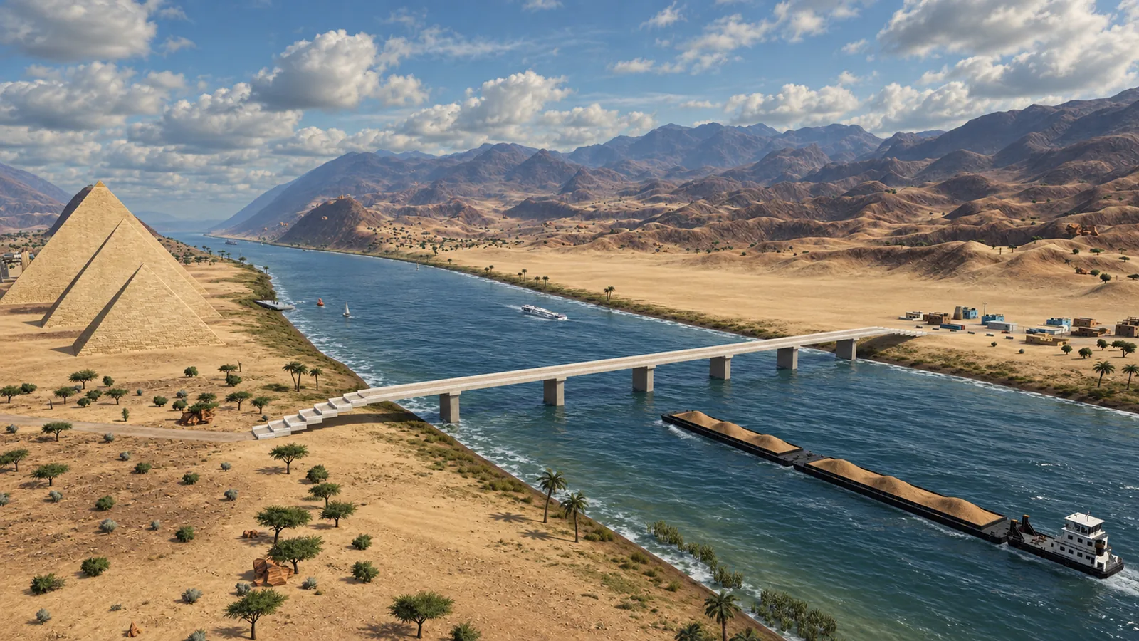 Barges and a long bridge on the river
