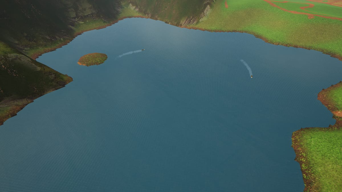 Aerial view of the lake with boats and wakes
