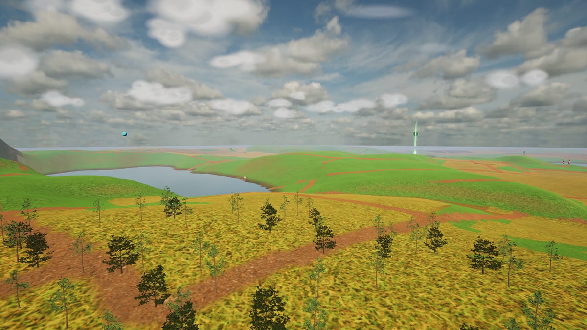 FPV view over farmland fields, a lake and wind turbines