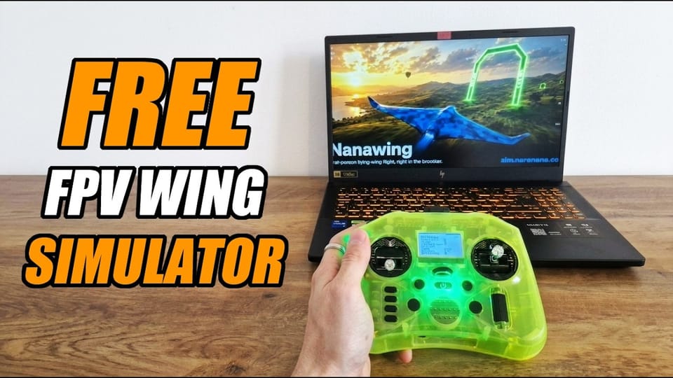 Giz FPV's review thumbnail: a laptop running Nanawing beside an RC transmitter, captioned Free FPV Wing Simulator