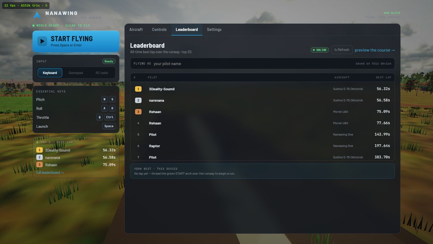 The Nanawing global leaderboard screen listing named pilots and their best lap times