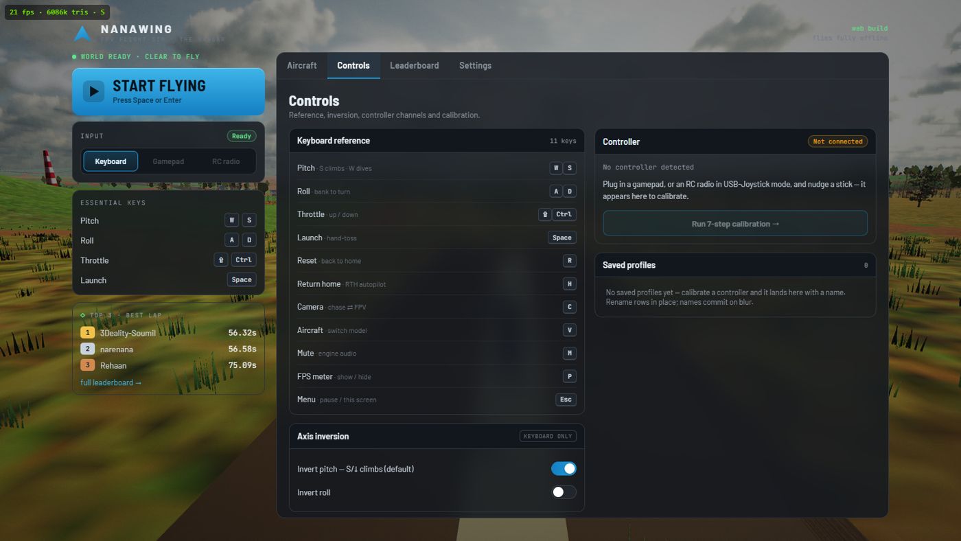 The Nanawing controls screen showing the full keyboard reference, axis inversion switches and controller calibration