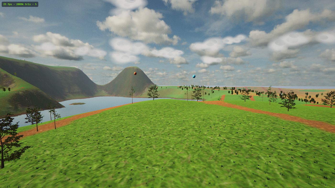 A farmland valley in Nanawing with a river winding through crop fields and hot-air balloons drifting overhead