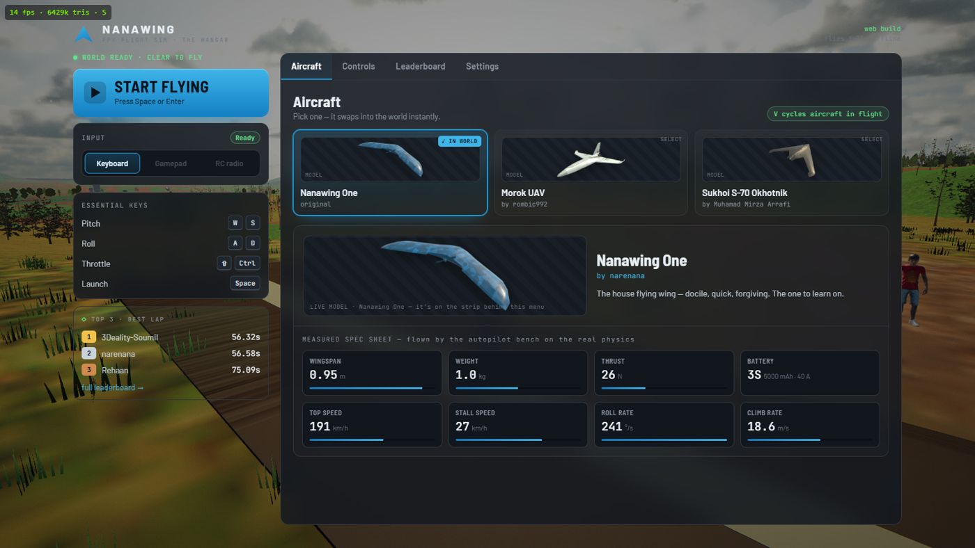 The Nanawing Hangar aircraft tab showing renders of the three flying wings