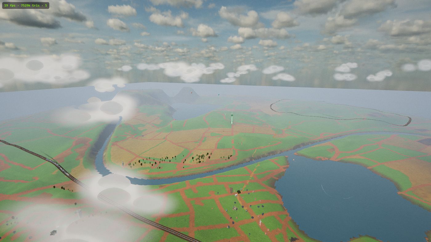 High aerial view of the Nanawing island showing the river, patchwork crop fields, central lake and coastline