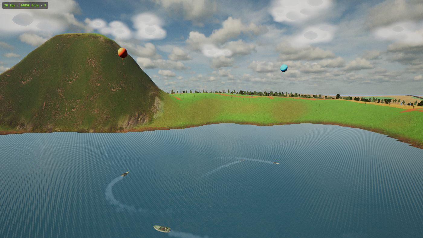 The central lake in Nanawing with motorboats leaving wakes near the jetties