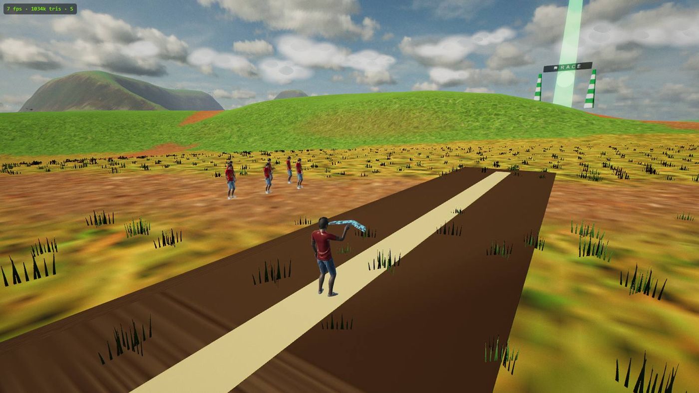 The dirt airstrip in Nanawing with the launcher holding a flying wing, spectators watching, and the green START arch overhead