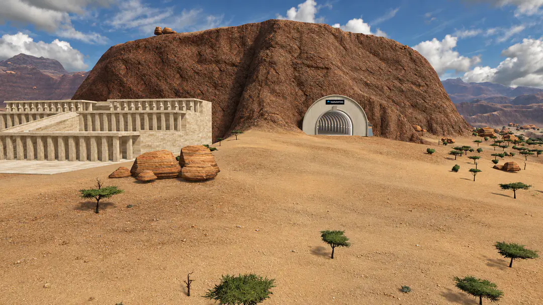 The Desert mesa with its tunnel portal, a terraced temple beside the approach